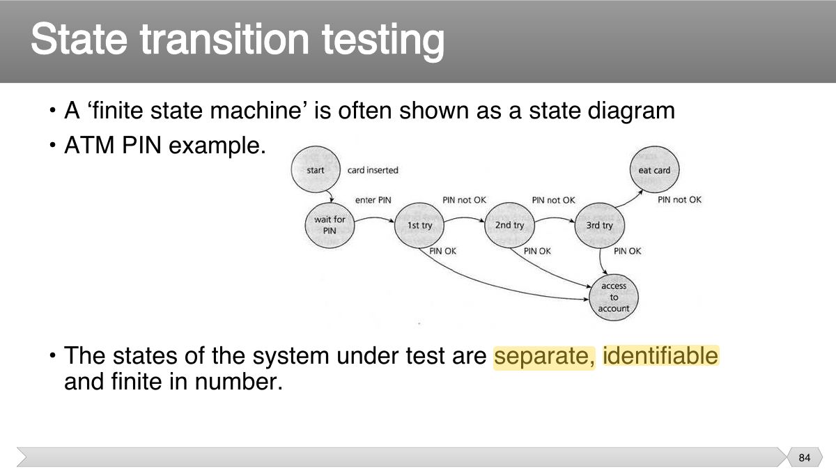 Slide 84: • A ‘finite state machine’ is often shown as a state diagram • ATM PIN example.