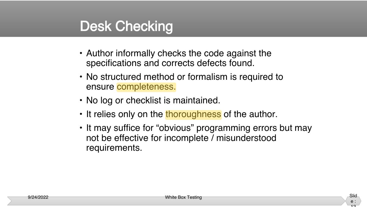 Slide 12: • Author informally checks the code against the specifications and corrects defects found.