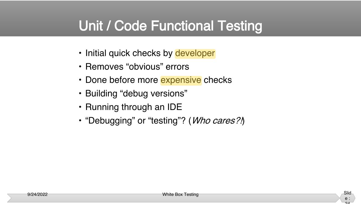 Slide 24: • Initial quick checks by developer • Removes “obvious” errors