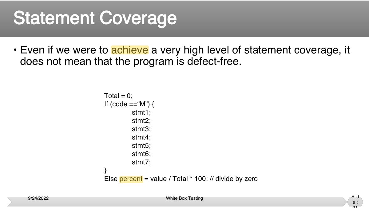 Slide 31: • Even if we were to achieve a very high level of statement coverage, it does not mean that the program is defect-free.