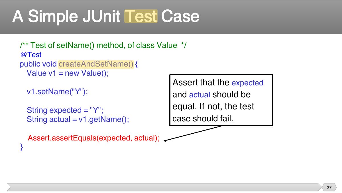 Slide 27: /** Test of setName method, of class Value */