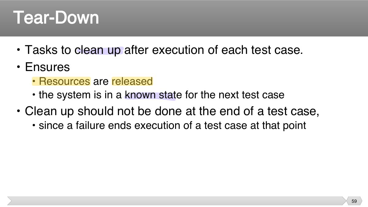 Slide 59: • Tasks to clean up after execution of each test case. • Ensures