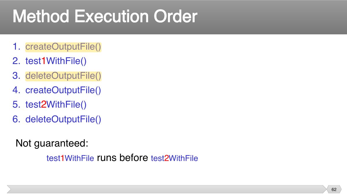 Slide 62: 1. createOutputFile 2. test 1 WithFile