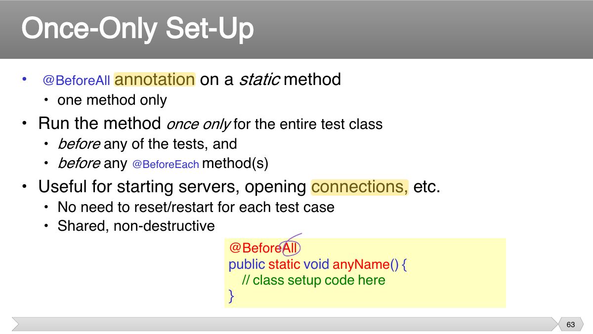 Slide 63: annotation on a static method • @BeforeAll