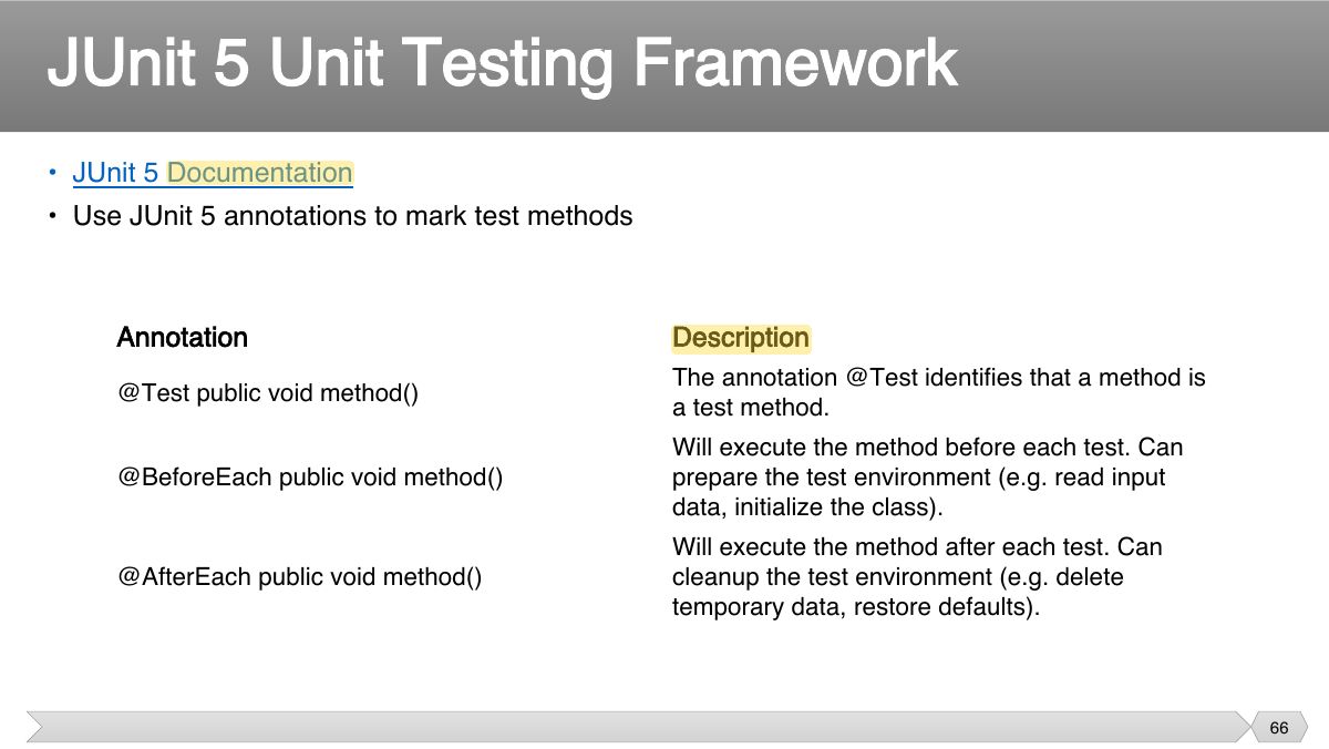 Slide 66: • JUnit 5 Documentation