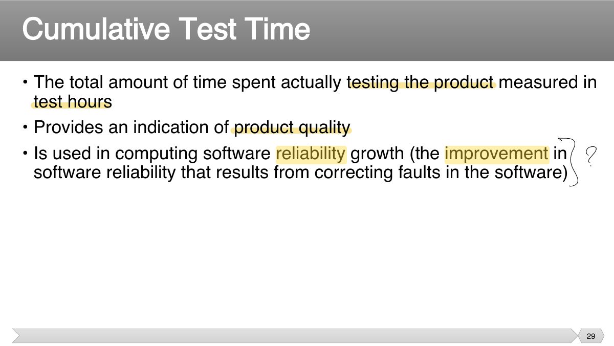 Slide 29: • The total amount of time spent actually testing the product measured in test hours