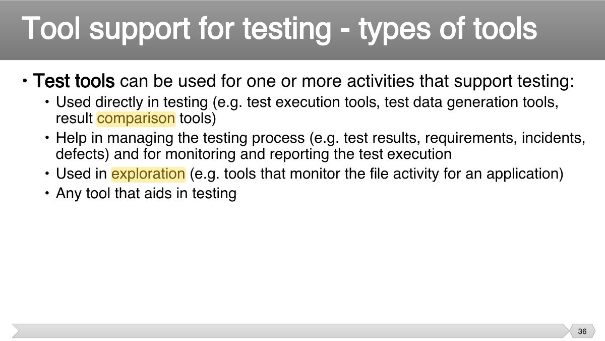 Slide 36: • Test tools can be used for one or more activities that support testing: