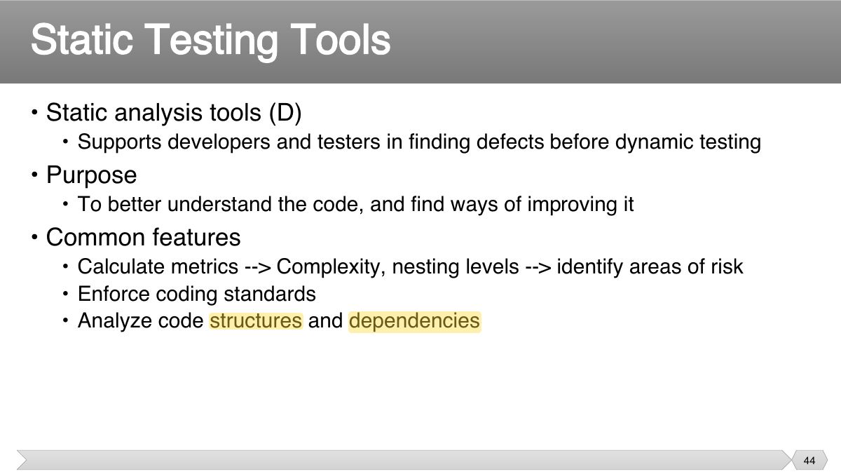 Slide 44: • Static analysis tools (D)