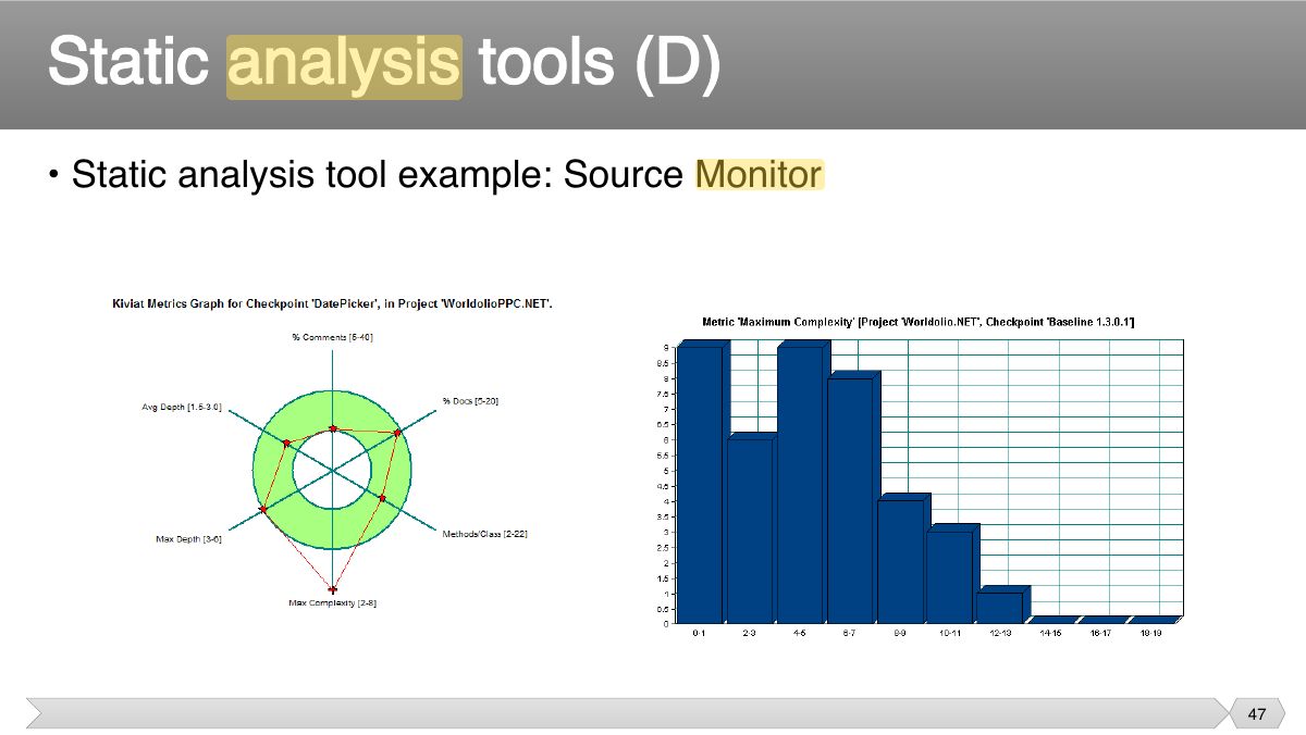 Slide 47: • Static analysis tool example: Source Monitor