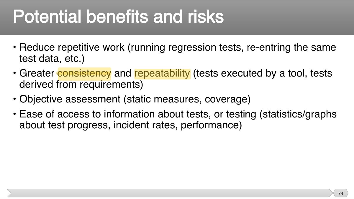Slide 74: • Reduce repetitive work (running regression tests, re-entring the same test data, etc.)