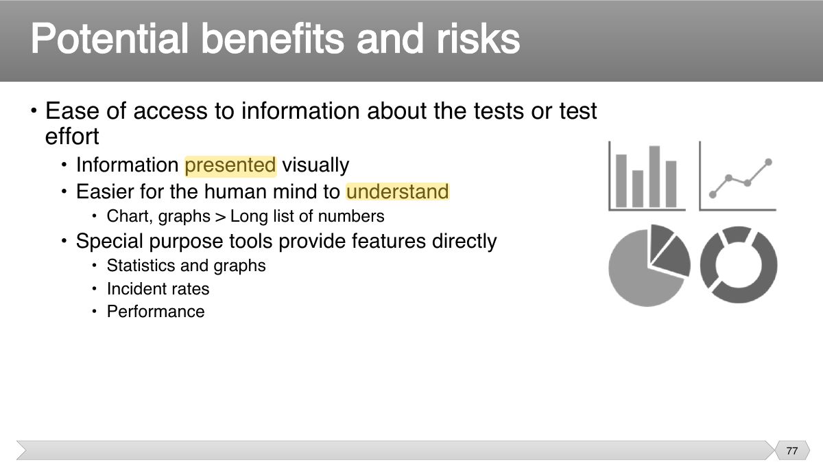 Slide 77: • Ease of access to information about the tests or test effort