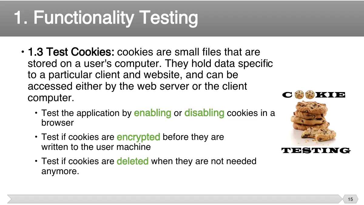 Slide 15: • 1.3 Test Cookies: cookies are small files that are stored on a user's computer. They hold data specific