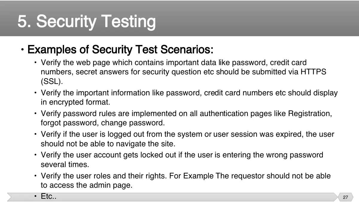 Slide 27: • Examples of Security Test Scenarios: