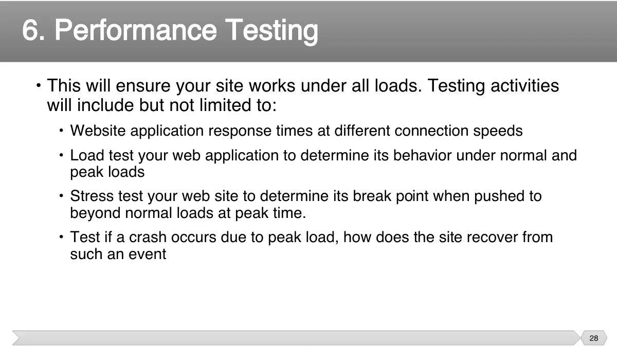 Slide 28: • This will ensure your site works under all loads. Testing activities will include but not limited to: