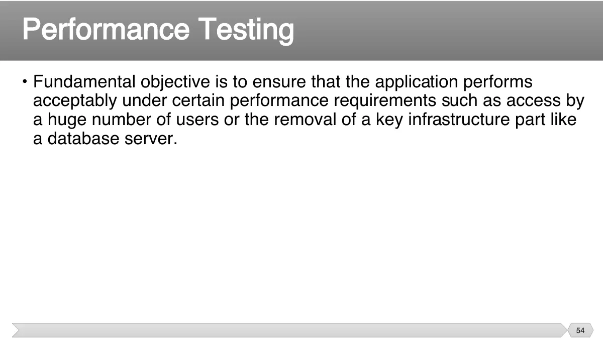 Slide 54: • Fundamental objective is to ensure that the application performs acceptably under certain performance requirements such as access by