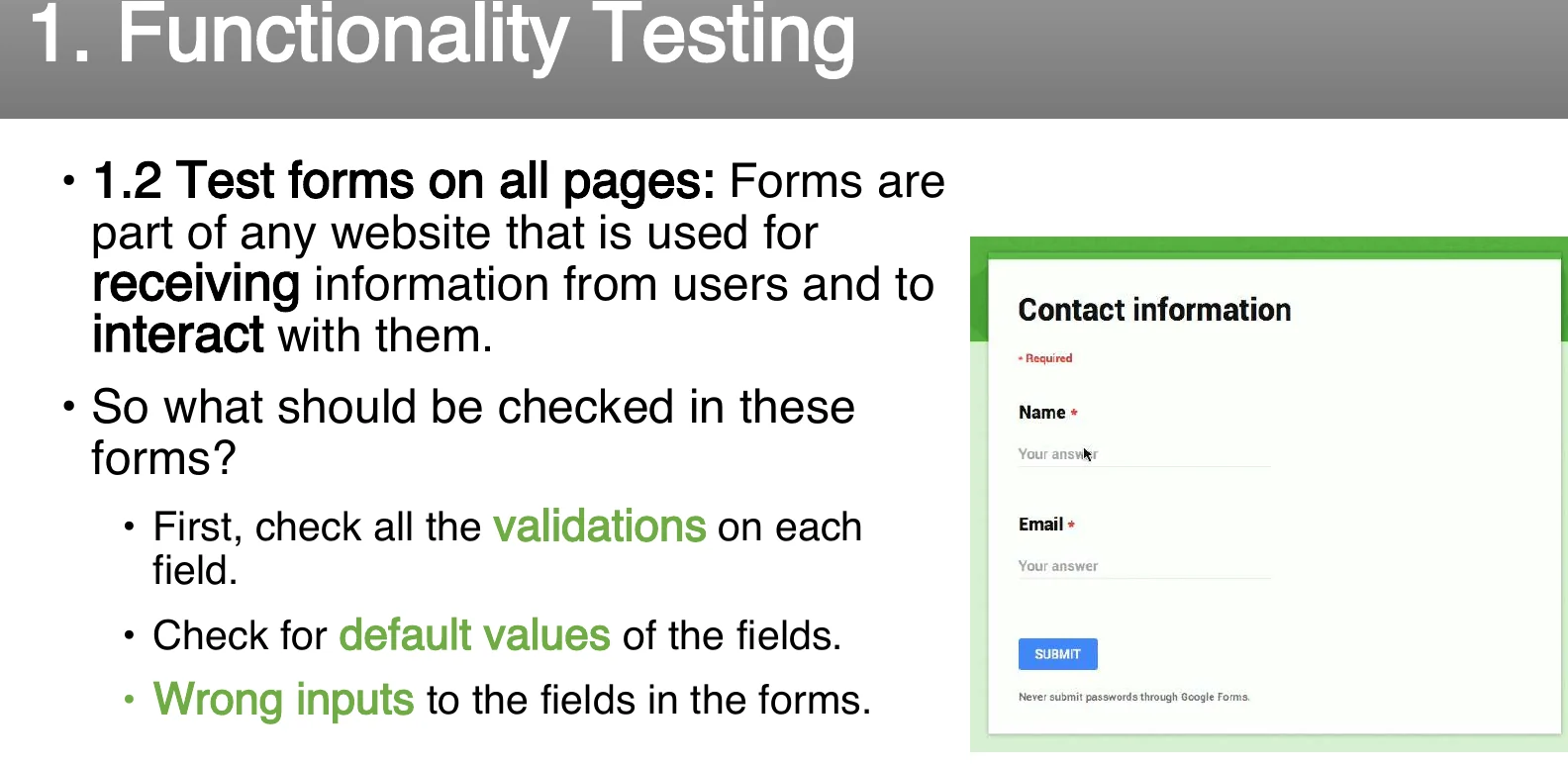 Functionality testing: forms.
