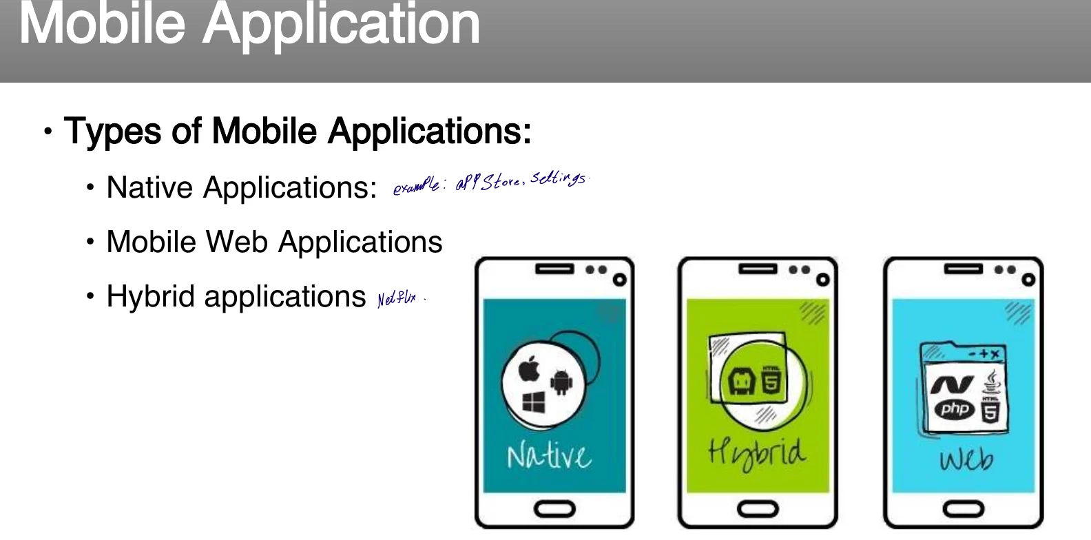 Native, web and hybrid mobile applications.