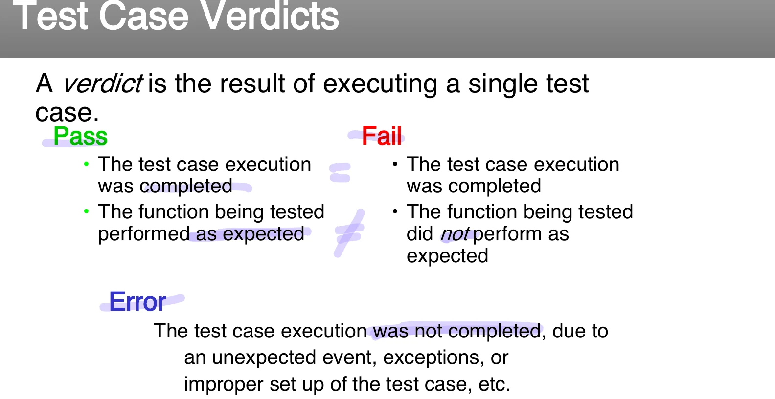 Test case verdicts: pass, fail, error.