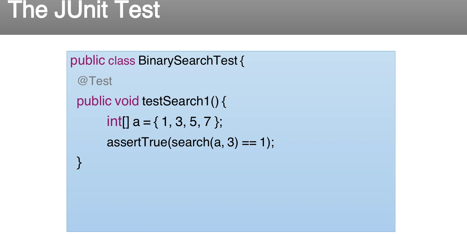 The JUnit test for the class under test.