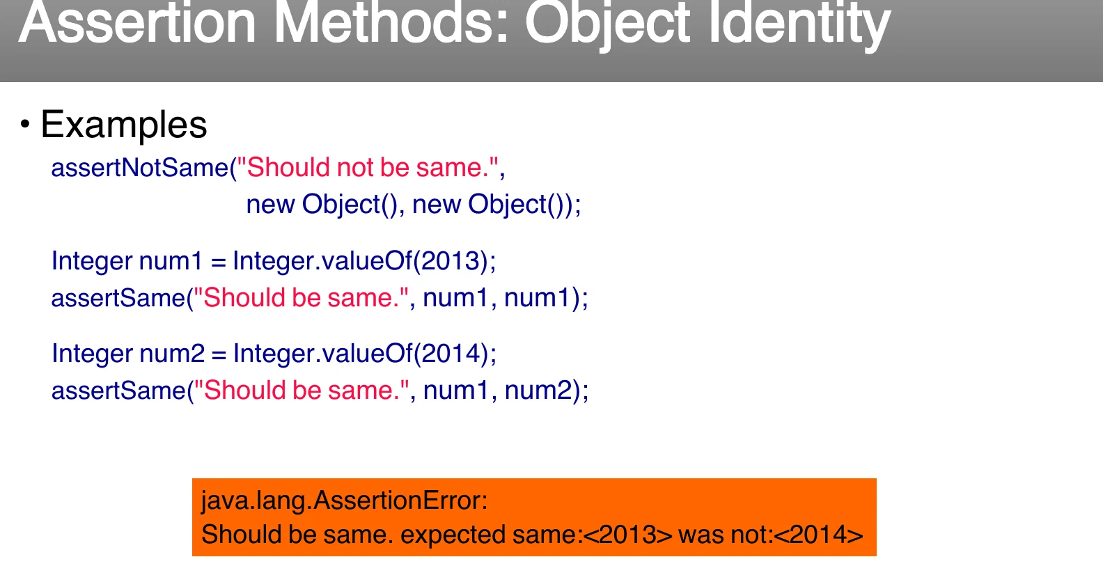Assertion methods: object identity.