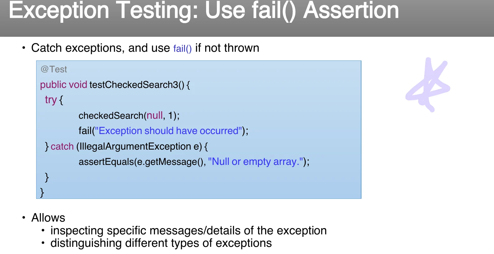 Exception testing with fail().