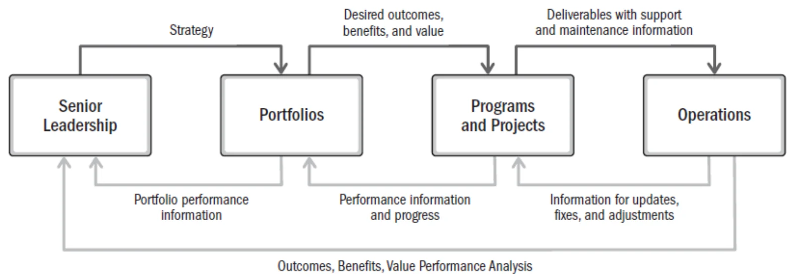 Information flow: senior leadership → portfolios → programs and projects → operations, with feedback arrows back