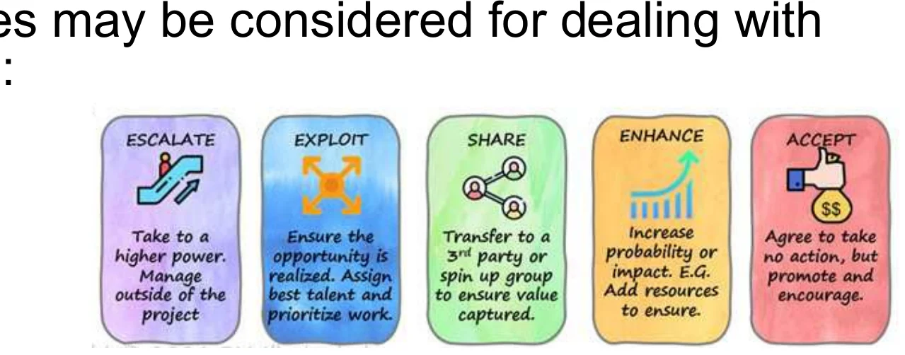 Opportunity strategy cards: escalate, exploit, share, enhance, accept