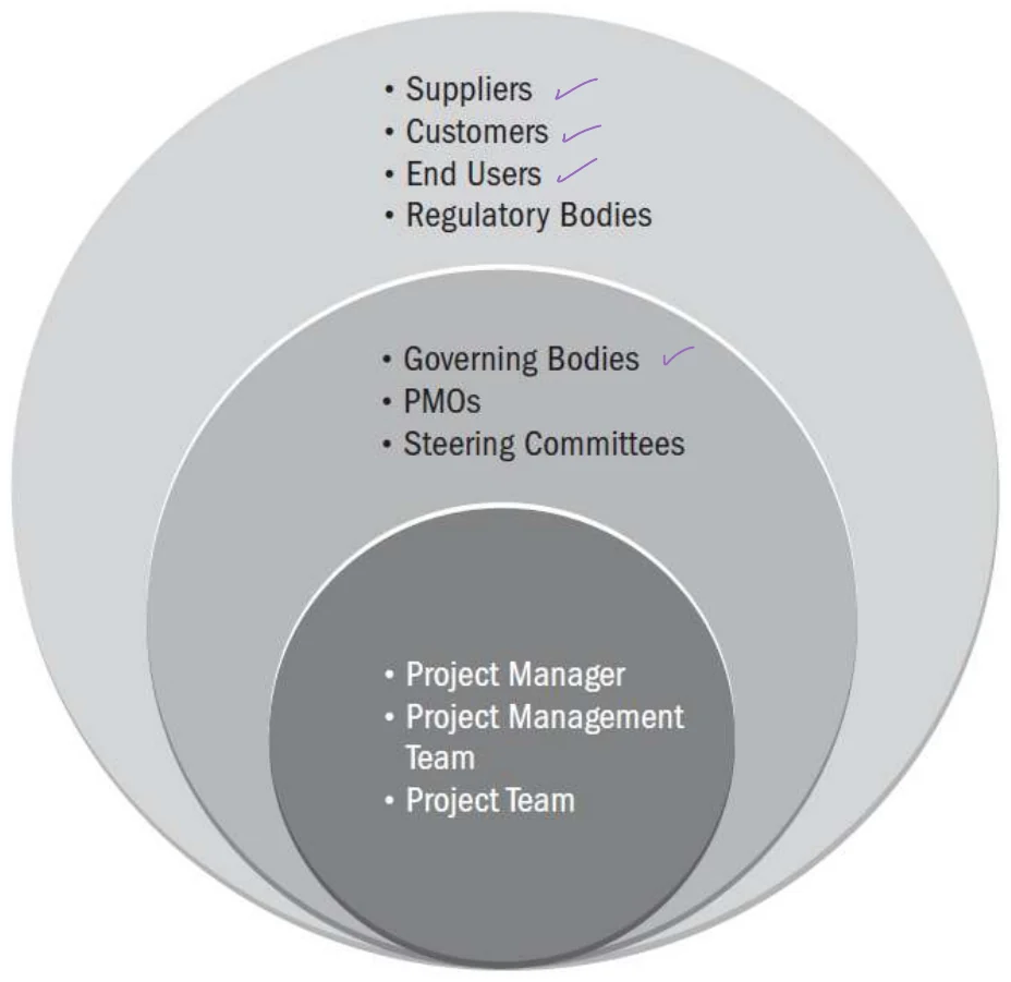Concentric circles: outer ring suppliers, customers, end users, regulatory bodies; middle ring governing bodies, PMOs, steering committees; inner ring project manager, project management team, project team