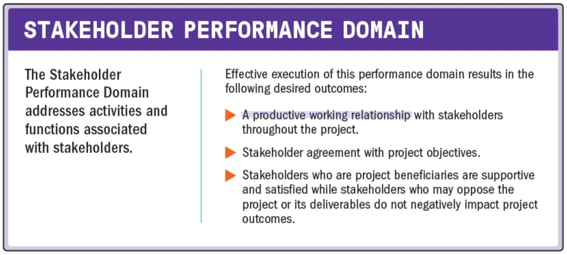 Stakeholder performance domain card with its desired outcomes
