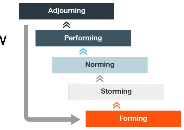 Tuckman ladder: forming → storming → norming → performing → adjourning