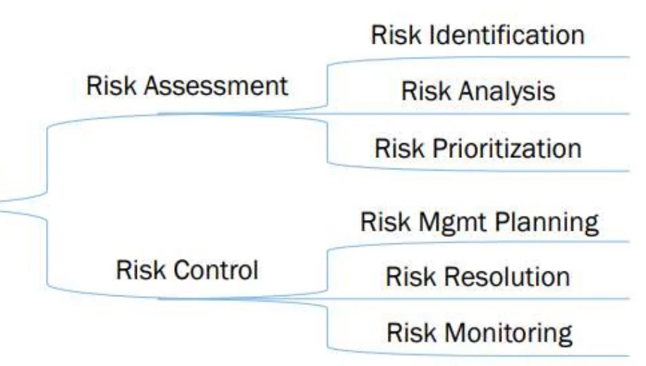 Risk management hierarchy: assessment (identification, analysis, prioritization) and control (management planning, resolution, monitoring)