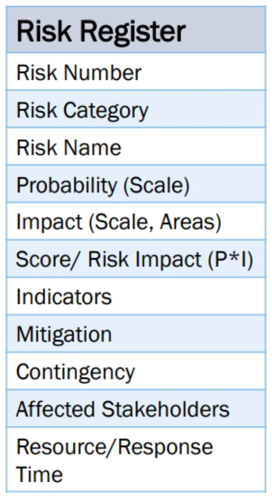 Risk register fields
