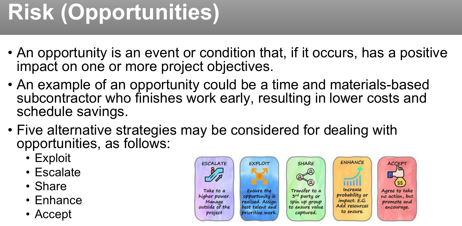 The five strategies for dealing with opportunities.