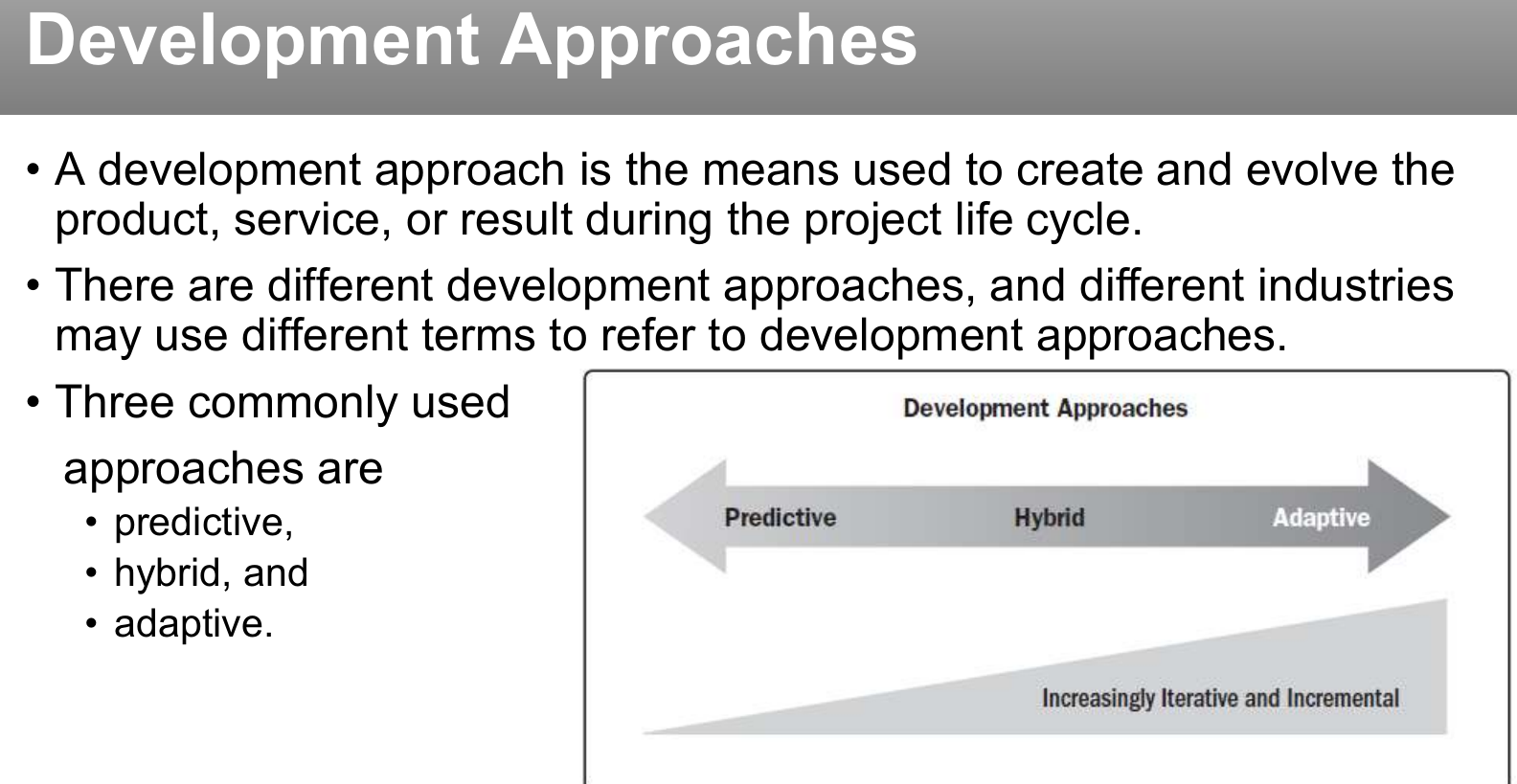 The spectrum of development approaches, predictive through adaptive.