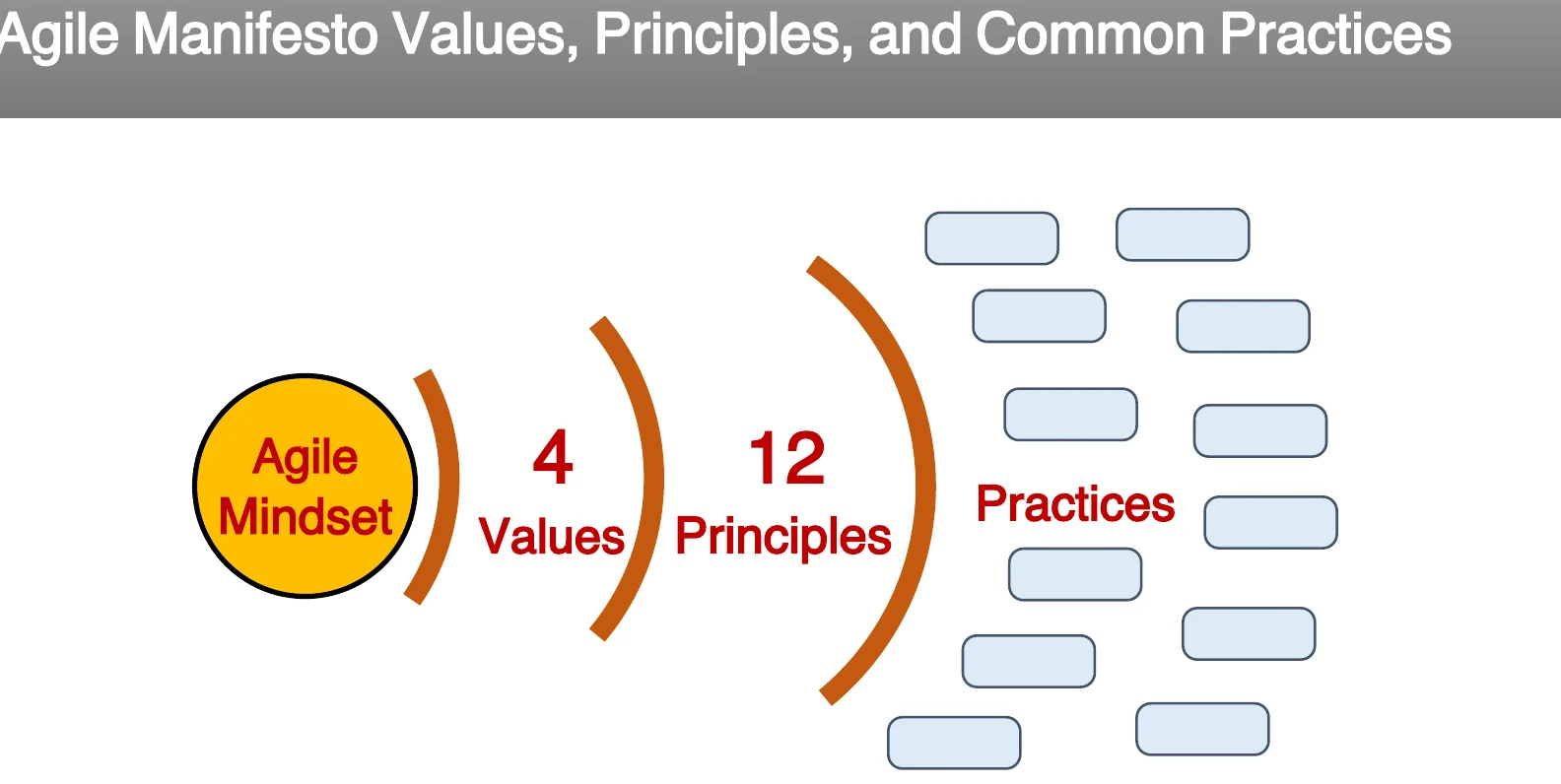 Agile manifesto values, principles and practices.