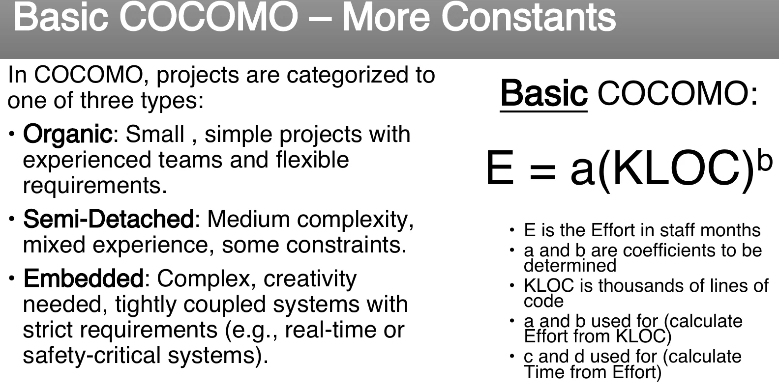 The basic COCOMO constants.