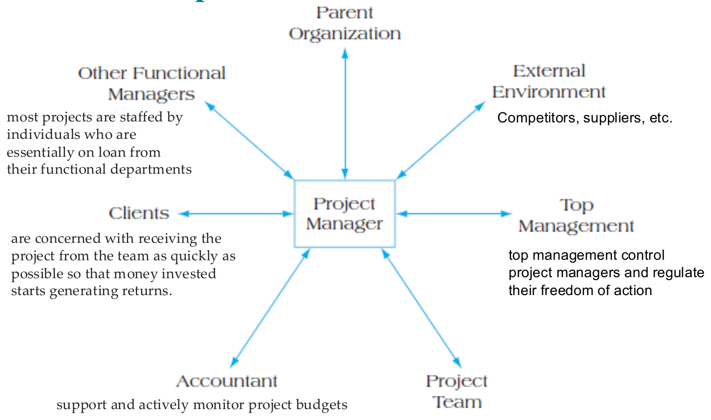 Figure 2.3: the project manager at the center of stakeholder relationships.